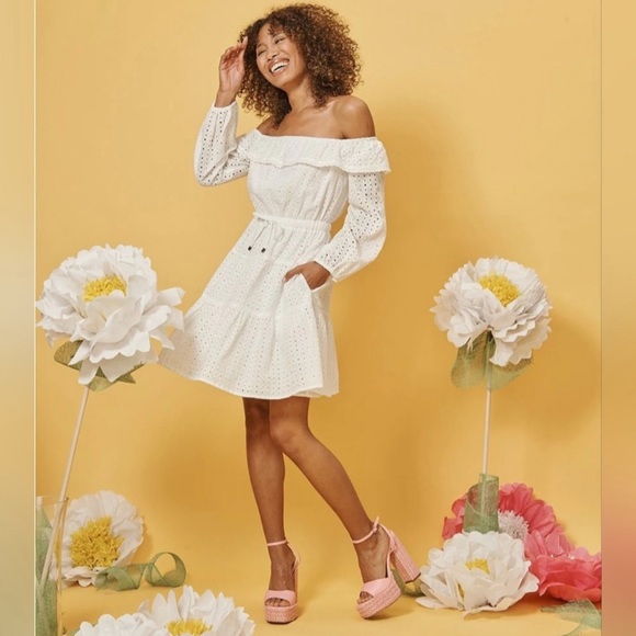 LDT Ashley Off-the-Shoulder ¾ Blouson Sleeve Ruffle Drawstring Tie Waist Size 8 - Picture 1 of 7